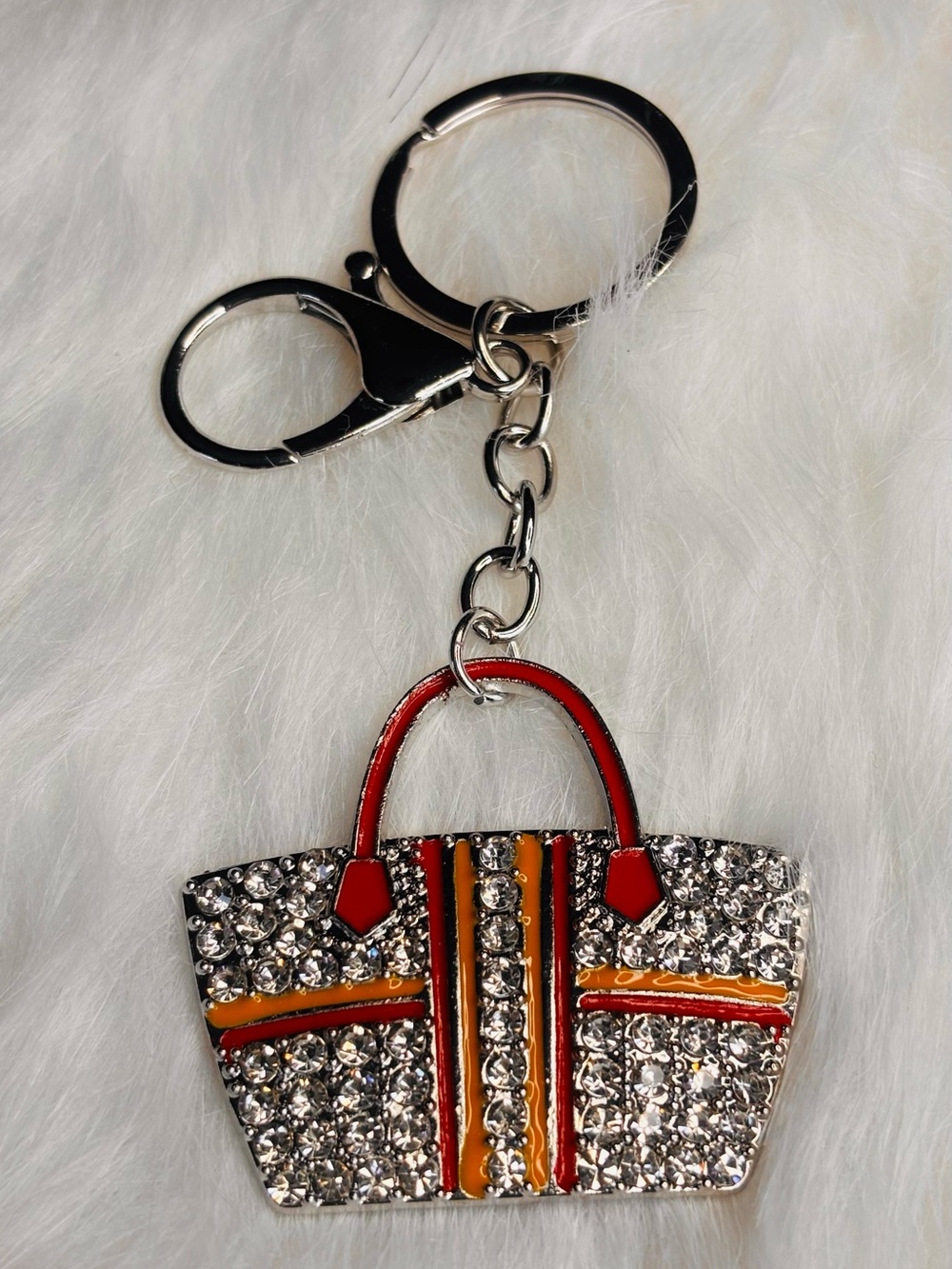 Rhinestone Purse Keychain Bag Charm – Red Orange & Silver Tone